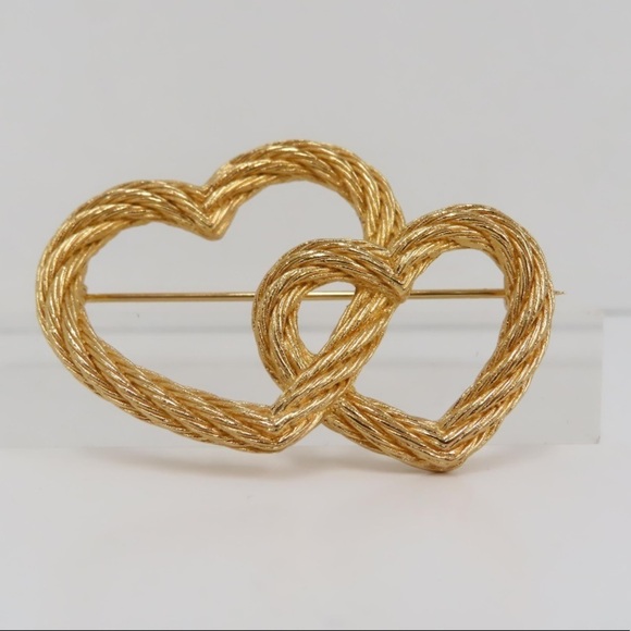 DIOR Vintage Authentic Stamped Christian gold tone double heart pin broo… - Picture 1 of 6